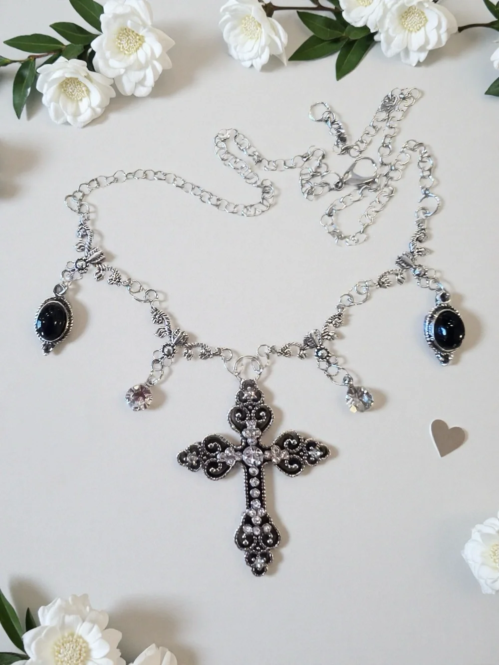 Vintage-Inspired Silver Cross Necklace Set with Black Stone Accents Rhinestones